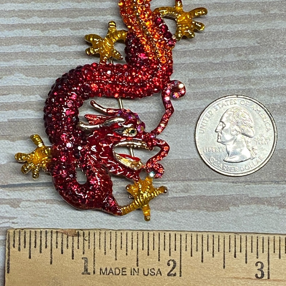Large Statement Red Dragon Rhinestone Brooch Pin - image 2